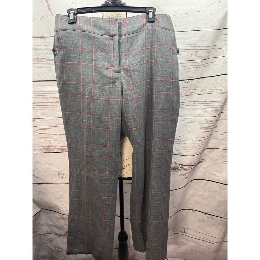 Talbots Petites Grey Red Windowpane Plaid Wool Blend Straight Leg Pants Size 12P